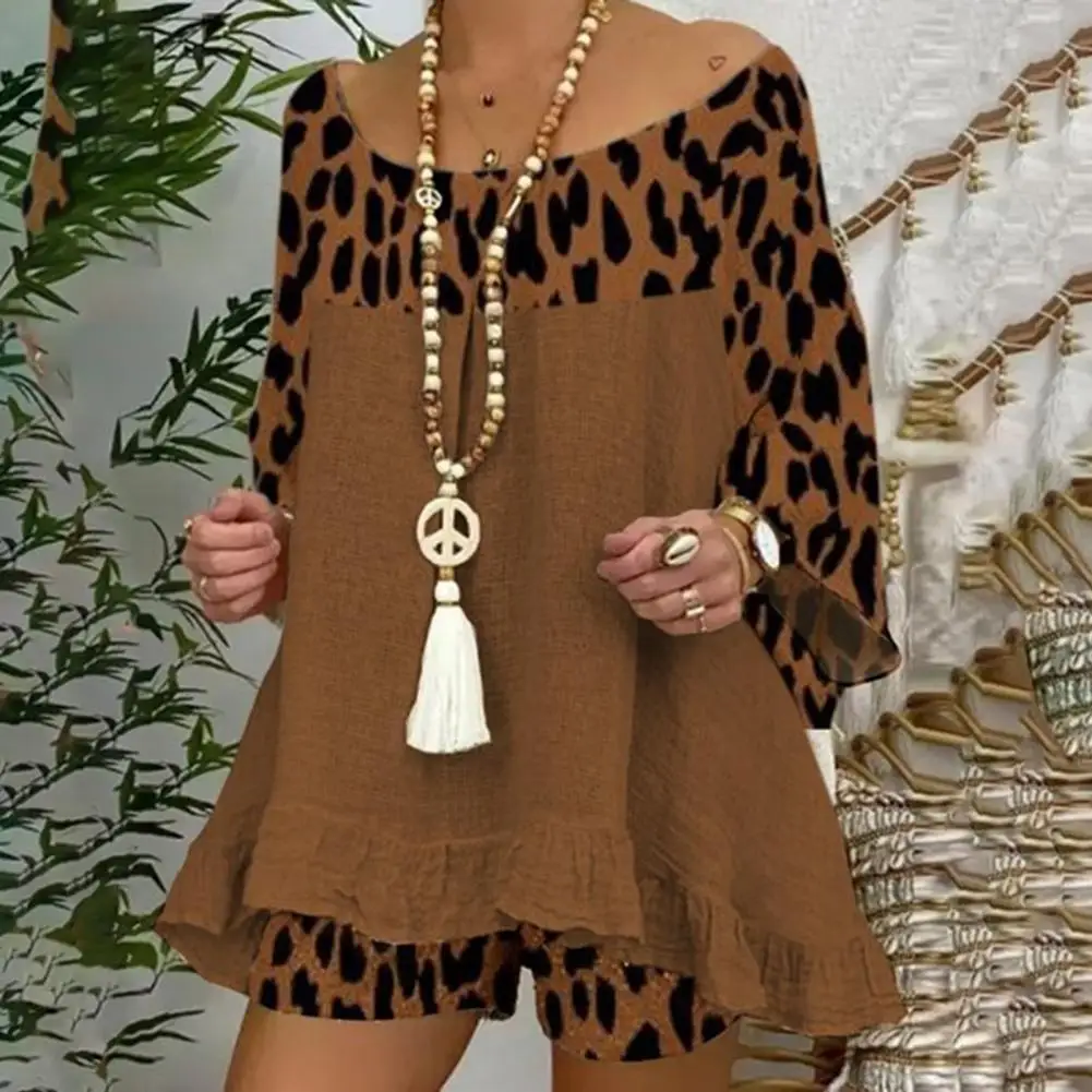 

3/4 Sleeve Comfy Leopard Stitching Blouse Straight Shorts Set for Travel
