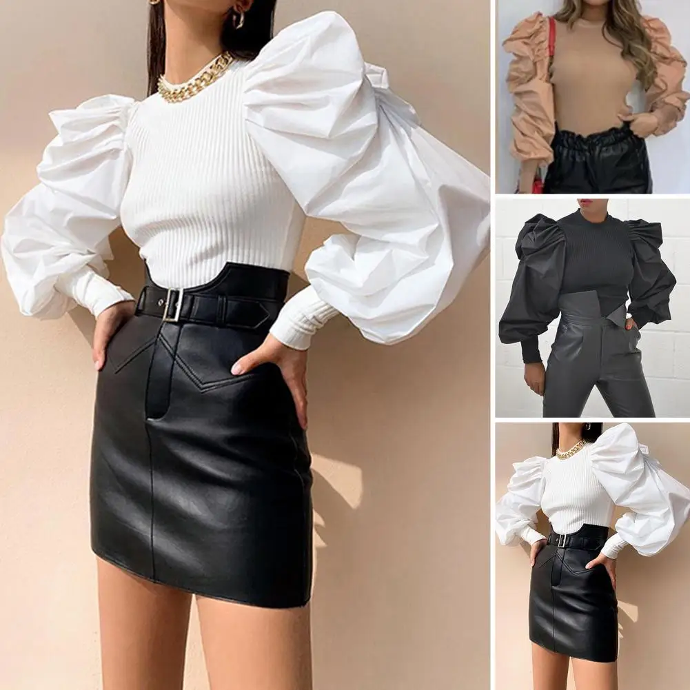 

Chic Crew Neck Autumn Blouse Women Spring Top Puff Sleeve Dress-up
