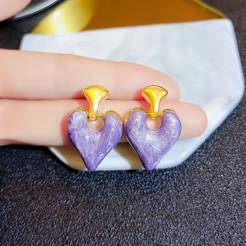 JDLPurple Heart 925 Silver Earrings for Women Enamel Luxury Woman Jewelry Ear Clip Luxury Party Earring Fine Vintage Accessories