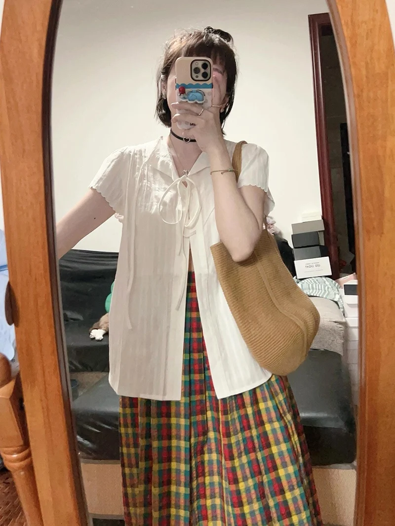 Lace-up Short sleeve Shirts Women Summer Popular Design Temperament French sle Organ Pleated Outdoor Wide T-shirt Top