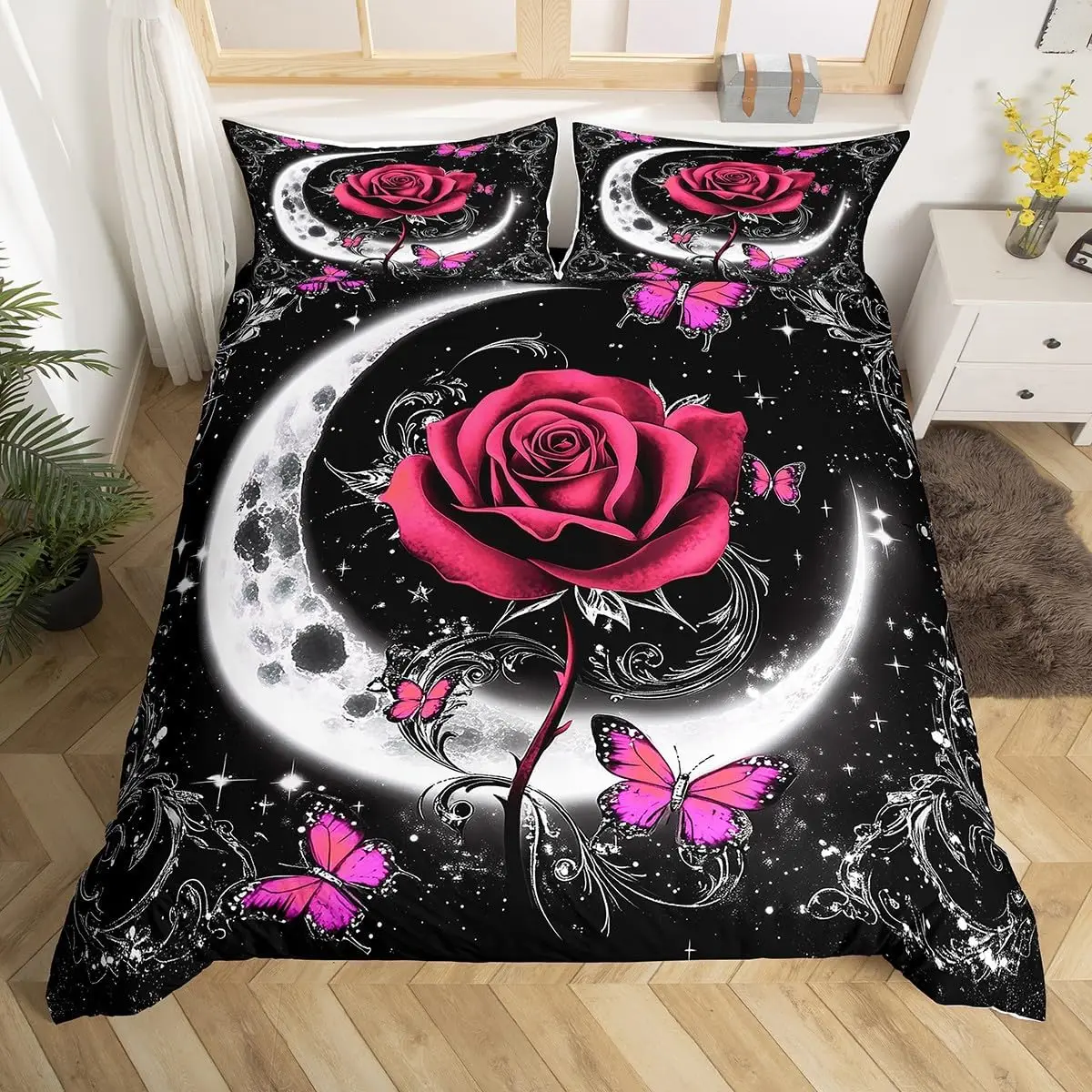 Фото Комплект постельного белья с цветком розы Twin King, Galaxy Moon Rose, пододеяльник для декора комнаты для мальчиков и девочек, пододеяльник с цветочным принтом на День святого Валентина №2