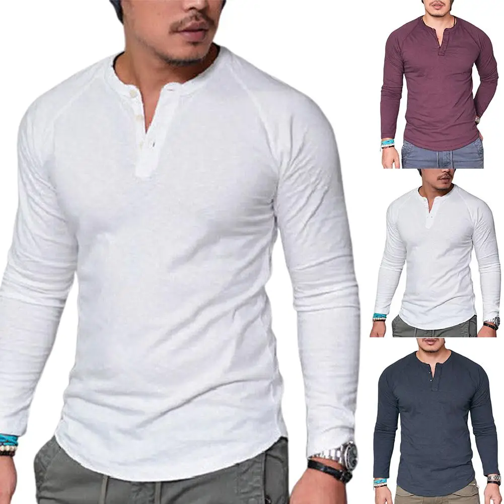 

2000 Hot Selling Men Casual Solid Color O Neck Long Sleeve Buttons Plus Size Slim Blouse T-shirt