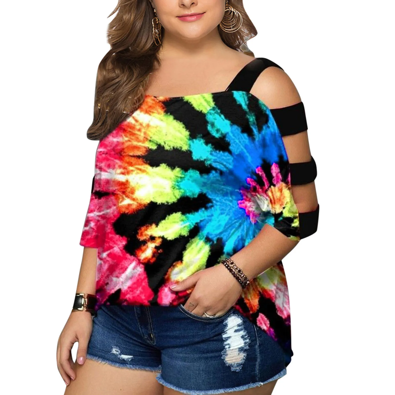 

Женские летние футболки больших размеров, модная футболка в европейском и американском стиле радужного цвета с коротким рукавом и открытым...