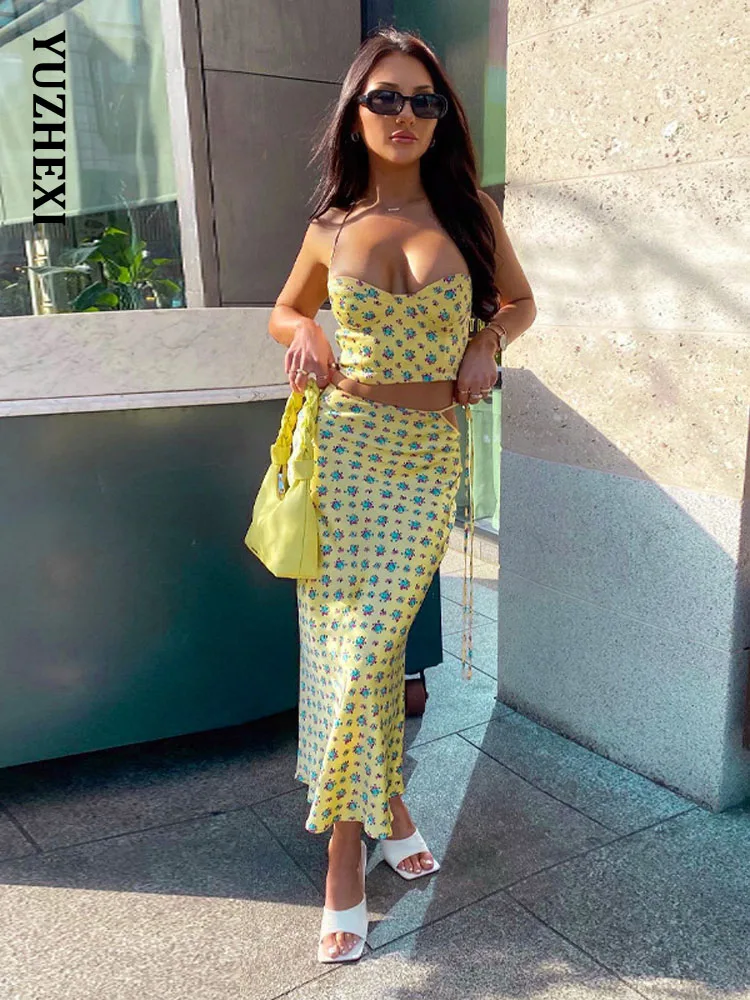 

YUZHEXI Women Vintage Top Skirt Floral Matching Set Summer Elegant Resort Lime Yellow Halter Camisole Long Dress Beach Suit