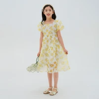 summer 2022 new kids teen girls flower print dresses short sleeve child girl fashion square collar princess dress midi long