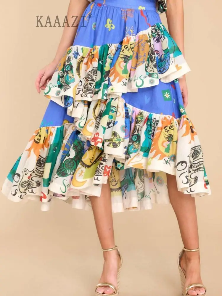 

Vintage Graffiti Irregularity Big Hem Women Elegant Skirt Patchwork Casual Printed Chic Middle-skirt Summer Party Vacation