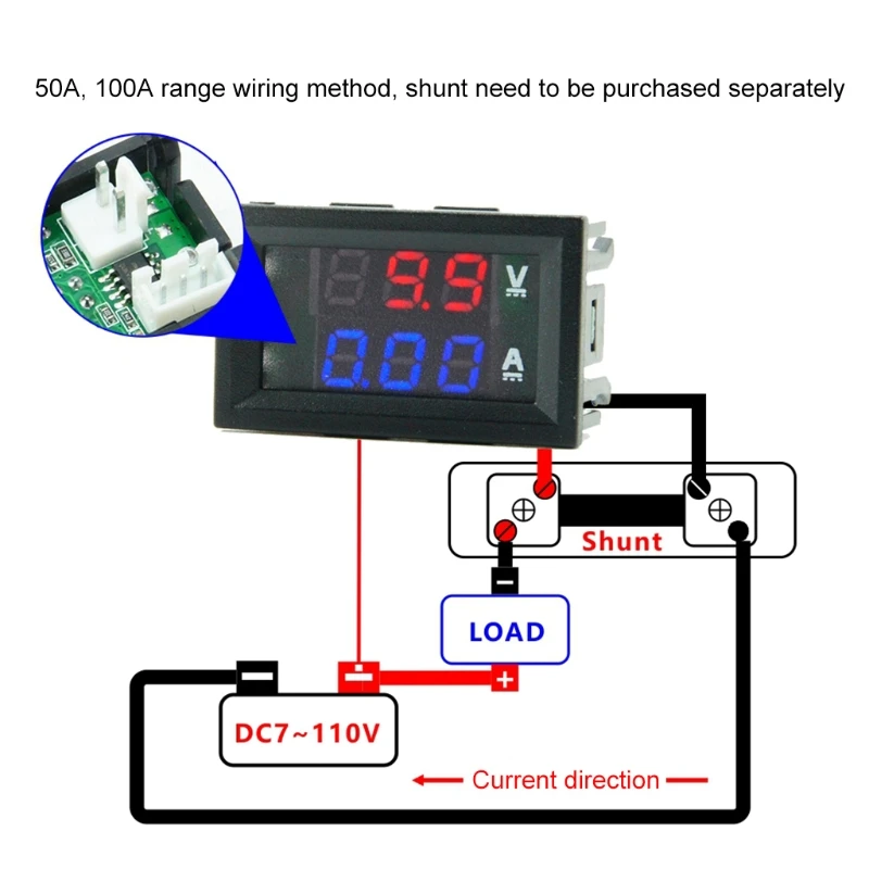 

DC 7-110V Voltmeter Current meter Ampere Volt Gauge Red+Blue /Red+Red Dual LED Display 10A 50A 100A