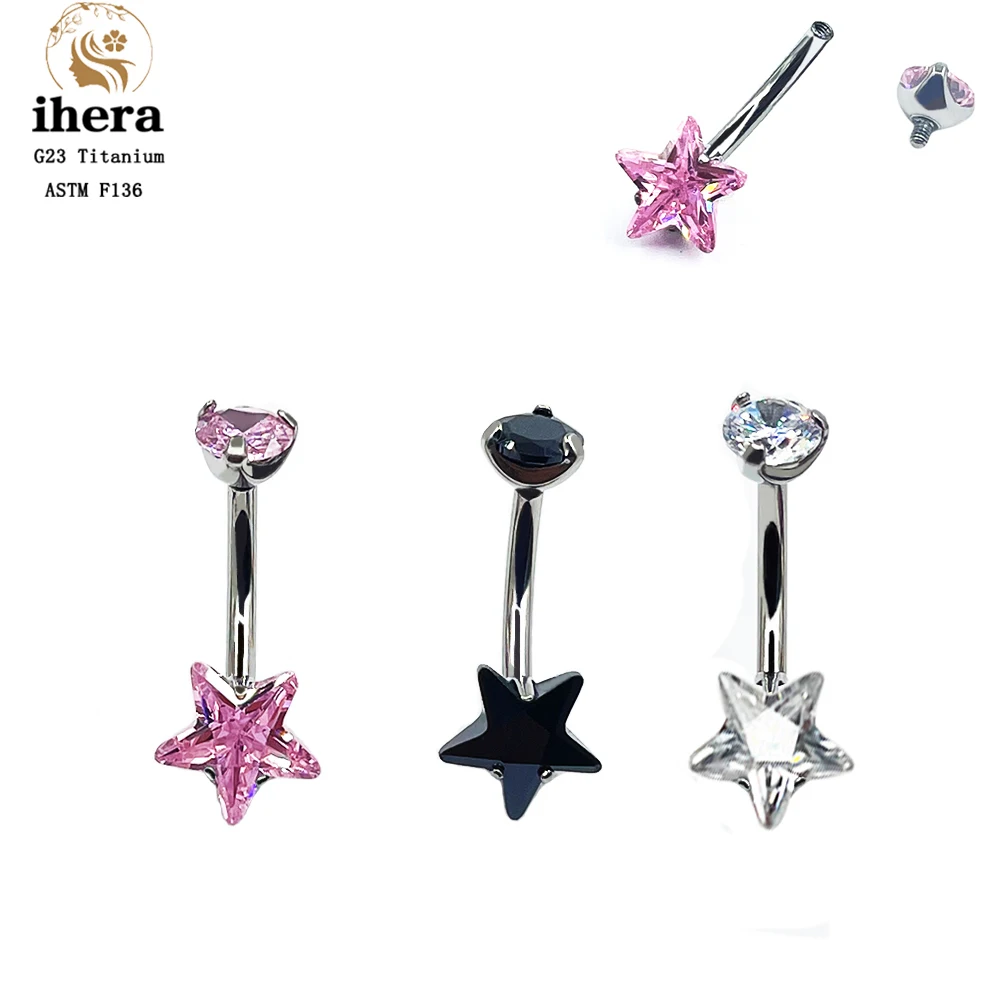 

G23 Titanium Inlaid Zircon Star Belly Button Rings ASTM F136 14G Barbell Navel Piercing Ring Sexy Body Jewelry for Women Girls