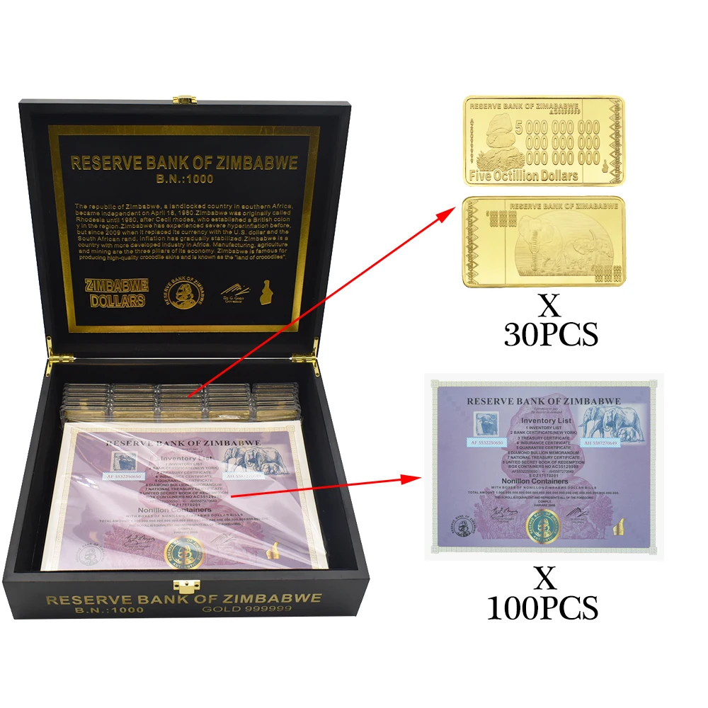 

Zimbabwe Banknotes Reserve Bank of Zimbabwe Fifty Containers Serial Number Banknote Certificate Wooden Box Set Collection Gifts