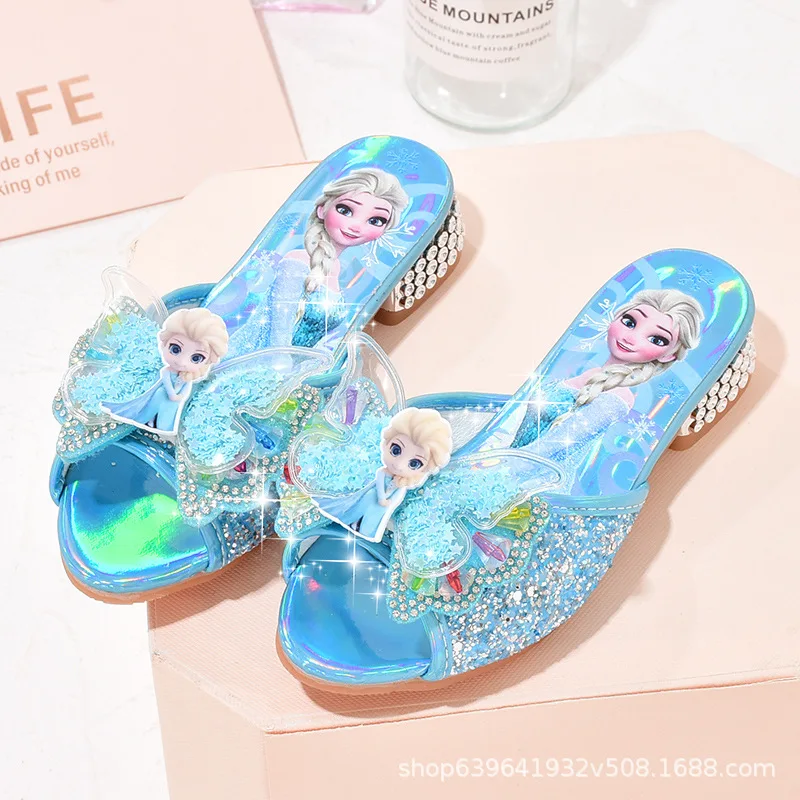 

Disney cartoon girls high-heeled slippers elsa sandals summer fashion cute children crystal shoes little princess girl slippers