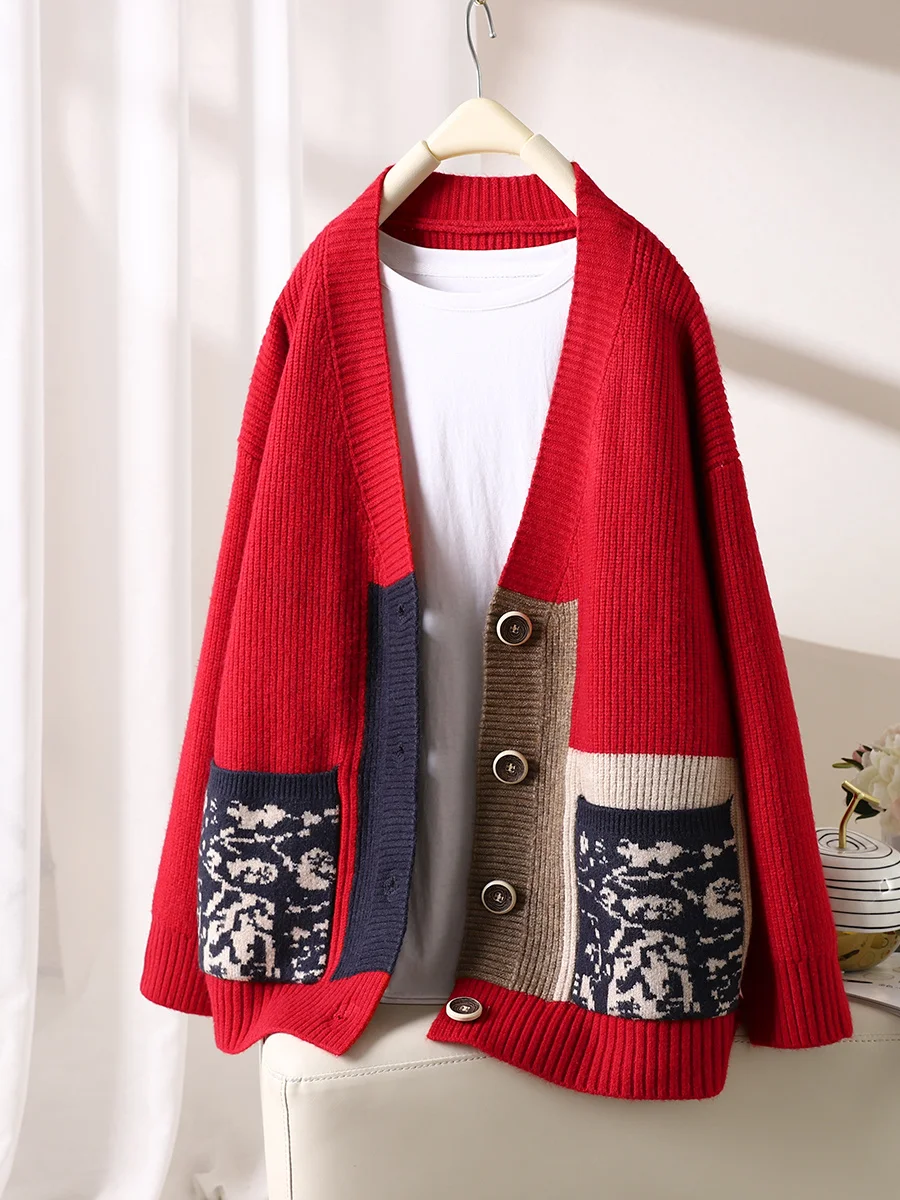 

Soxu Autumn New V-neck Color Contrast Versatile Literature Knitted Cardigan Women's Lazy Sweater Coat