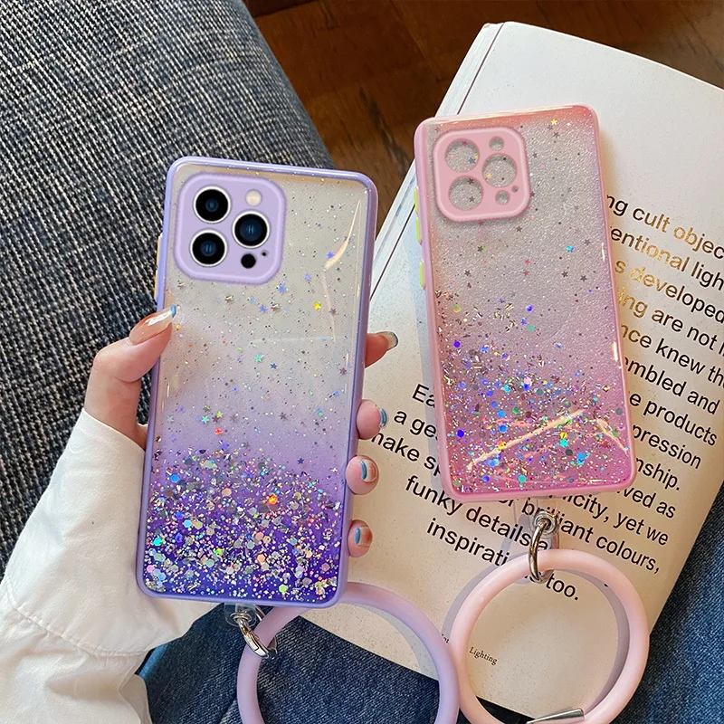 

Gradient Bling Glitter Sequins Clear Case For iPhone 11 12 13 Pro Max XS X XR 7 8 Plus SE 2020 Fashion Soft Silicone Ring Cover