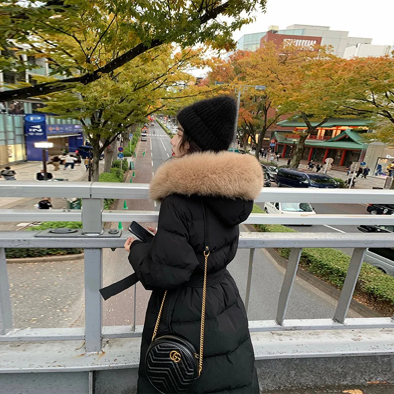 Winter New Down Jacket Women In Long Models Knee-high Thick Fox Fur Collar Cotton Jacket White Duck Down Waist Warm Jacket