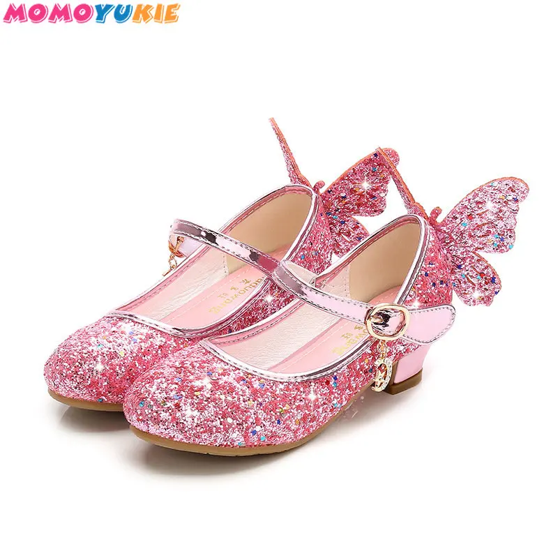 

Детские блестящие туфли для девочек на весну, танцевальные туфли для девочек, кожаные туфли принцессы с бабочками, детские туфли с бантом и бриллиантами на высоком каблуке