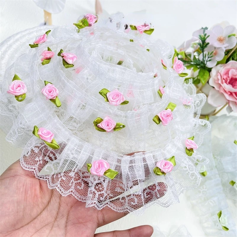 1Yard 3d Rose Flower Tulle Elastic Pleated Lace Fabric Doll Clothes Applique Collars Women Dubai Dress Decor Guipure Lace Crafts