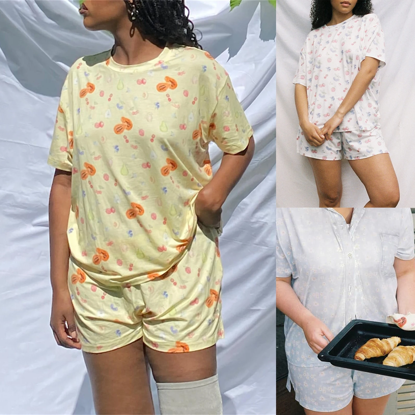 

Women Pullover Floral Shirts Shorts Suits Comfy Sleep Shirt & Elastic Waist Shorts Casual Loose Cozy Sleepwear Set
