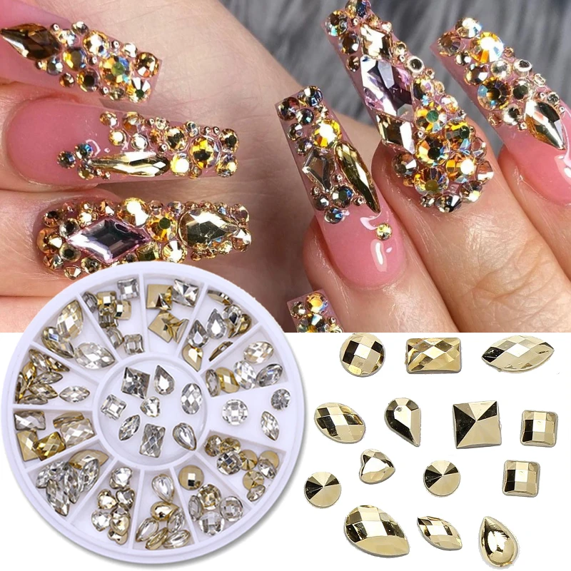 

12 Grids Glass Crystal Nail Rhinestone Mixed Shape AB Flatback Diamond Gold 3D DIY Tips Nail Art Decorations Manicure Gems