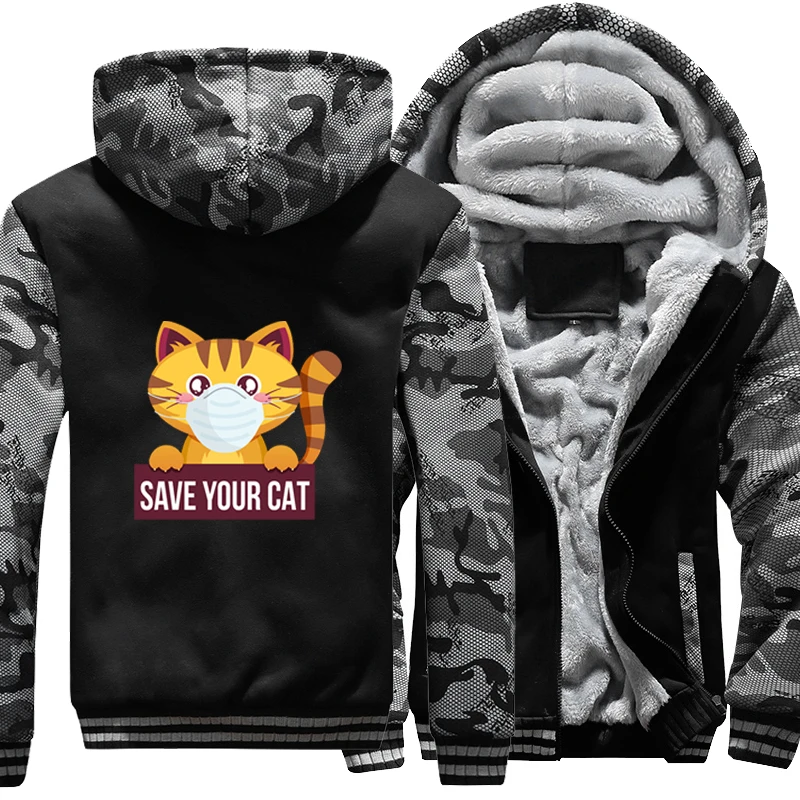 

Save Your Cat Winter Jacket Streetwear Men Warm Thicken Hoodies Camouflage Jackets Fleece Zip Up Hoodie Sweatshirts Hooded Coat