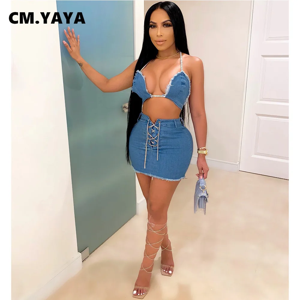 

Женский облегающий джинсовый костюм CM.YAYA, мини-юбка средней длины со шнуровкой и бюстгальтер, комплект из двух предметов, привлекательный п...