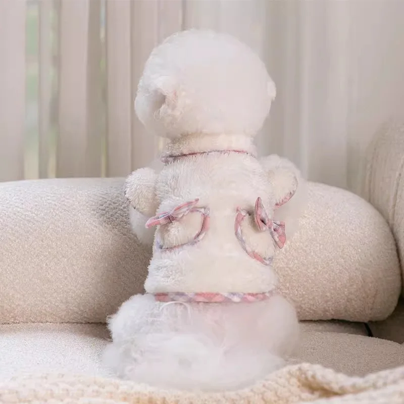 

Winter Warm Dog Clothes Compared to Bear Bow Cotton Clothes Schnauzer Flying Sleeves Fleece Pet Two legged Coat