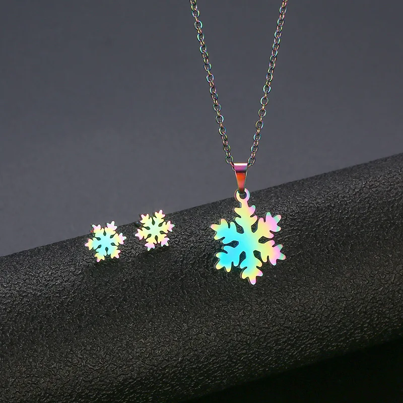

Stainless Steel Colorful Snowflake Pendant Chain Necklace Stud Earring for Women Party Birthday Fashion Jewelry Set Gift