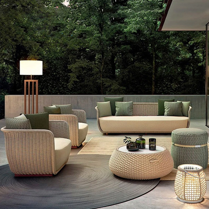 

Outdoor sofa courtyard villa living room single waterproof braided rope design rattan composite furniture solid wood tea table