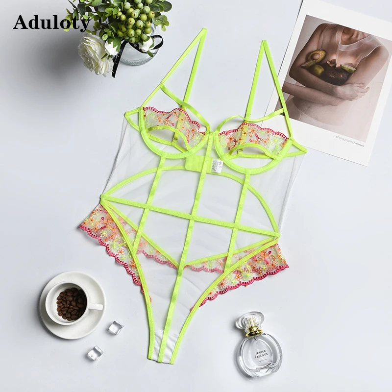 

Соблазнительное Женское боди с вышивкой из тонкого кружева, Прозрачное нижнее белье на бретельках, бюстгальтер на косточках, цельное Эроти...