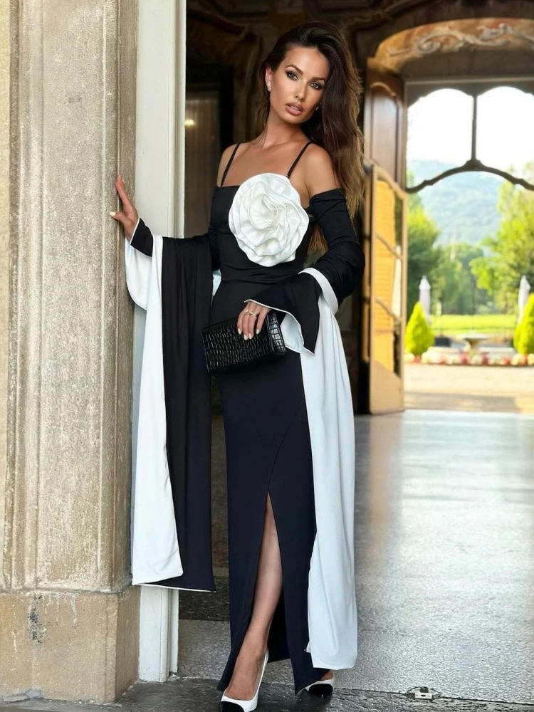 Сексуальное платье с 3D цветами открытыми плечами длинными рукавами и шарфом