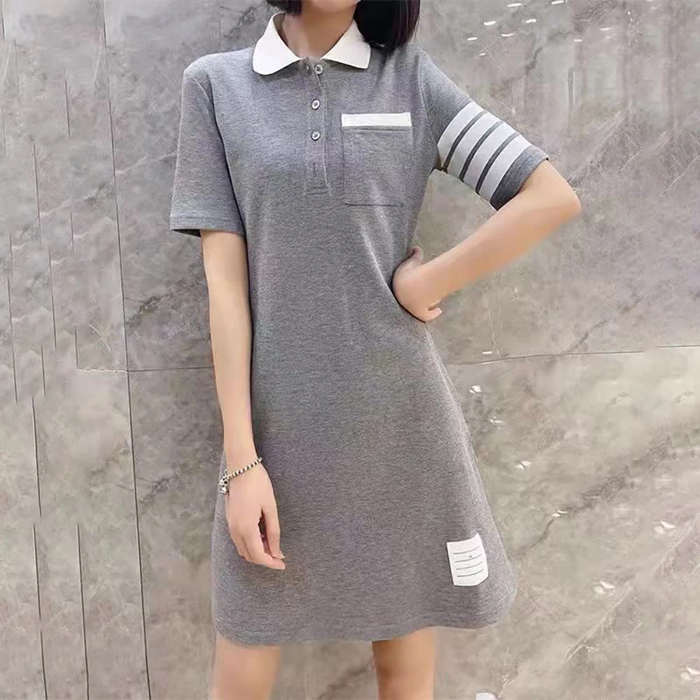 

Summer New Fashion Striped T-Shirt Dress Mid Length Polo Collar Casual A-Line Small Dog Pattern Shirt Dress Women