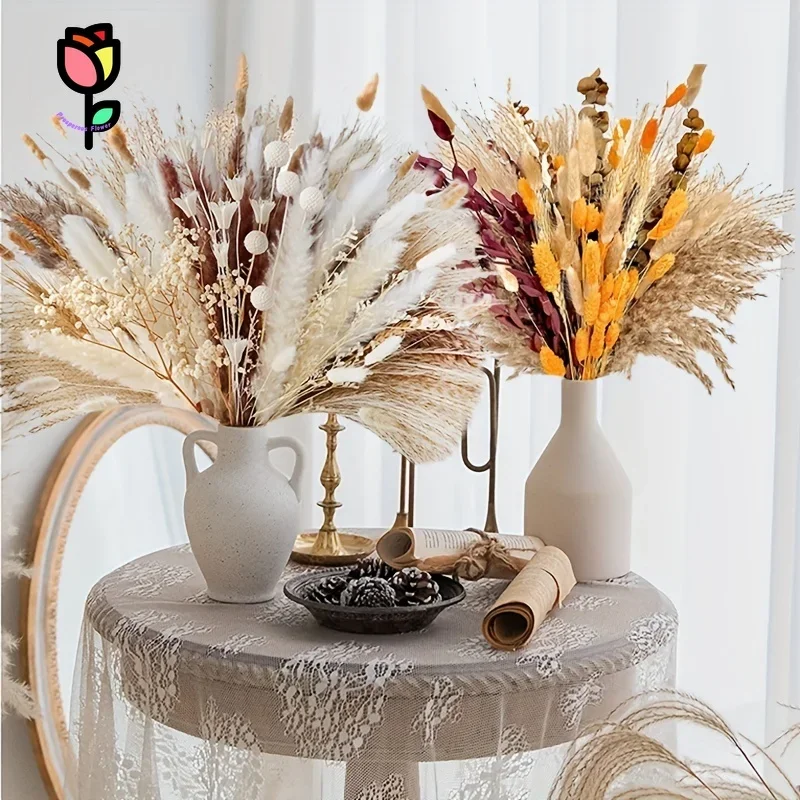 

104pcs Natural Pampas Grass Dried Flower Bouquet Nordic Wedding Decor Artificial Plant Fluffy Bunny Tail Home Party Decoration