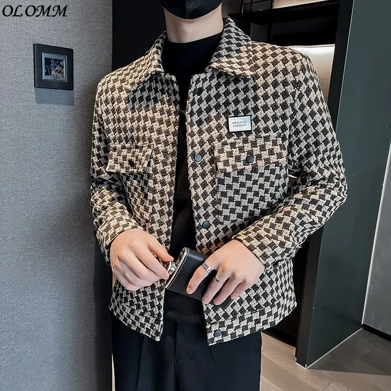 

Куртка мужская клетчатая с оборками, Повседневная Красивая верхняя одежда в Корейском стиле, пальто с карманами, цвета хаки, белый, на осень и зиму