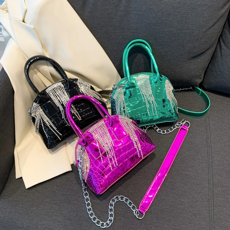 Shiny Tassel Shell Bags for Women 2023 New Patent Leather Stone Grain Shoulder Bag Woman Diamonds Fashion Party Luxury Handbags