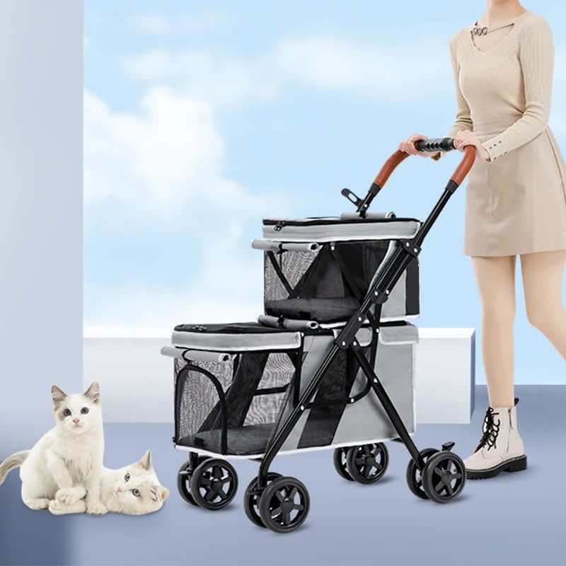 

Folding Pet Stroller Cats Dogs Double-decker Lightweight Portable Cart Trolley 360° Universal Wheel Pet Supplies