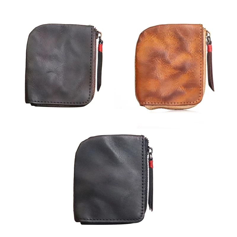

2023 New Retro Coin Purse Vegetable Tanned Men Women Leather Buckle First Layer Cowhide Zip Mini Purse Credit Card Storage Bag