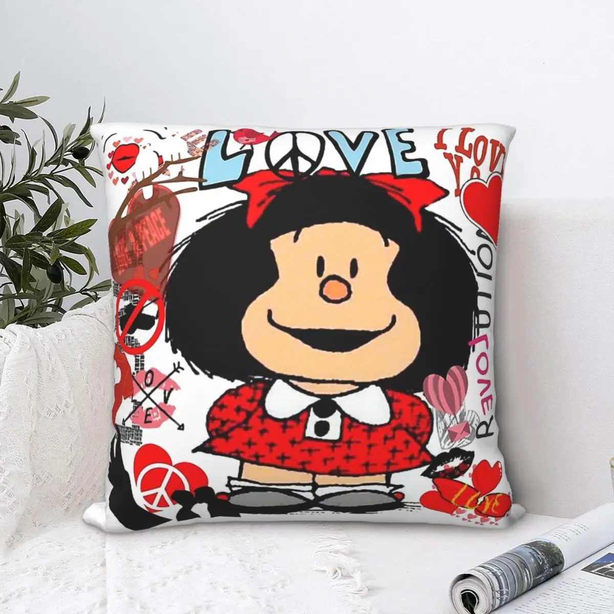 

Love And Mafalda Surrounded By Hearts Throw Pillow Case Valentine's Day Short Plus Cushion Covers For Home Decorative Backpack