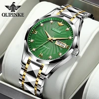 oupinke automatic mechanical tungsten steel strap watches for men dual calendar business waterproof men wristwatches luminous