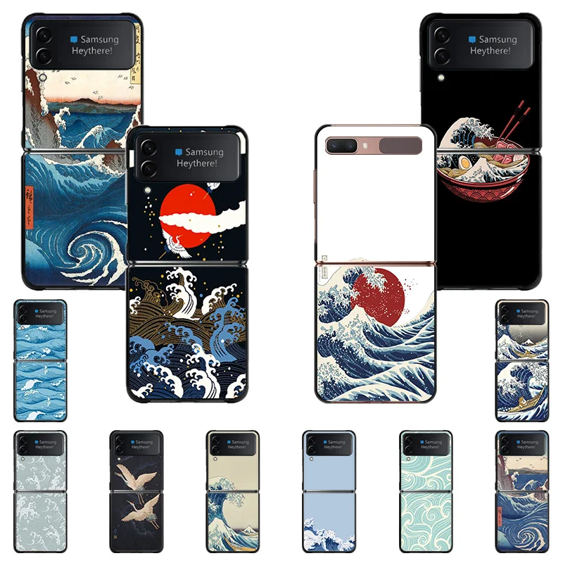 

Hard Black Phone Cases for Samsung Z Flip4 FLIP3 5G Flip The Great Wave off Kanagawa Pattern Galaxy ZFlip4 ZFlip3 Cover