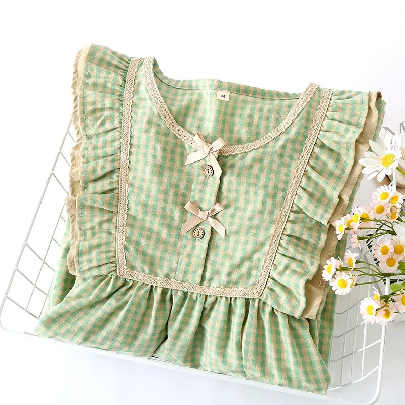Household to take female cotton printed green grid nightgown women's summer bud silk pajamas lady with short sleeves