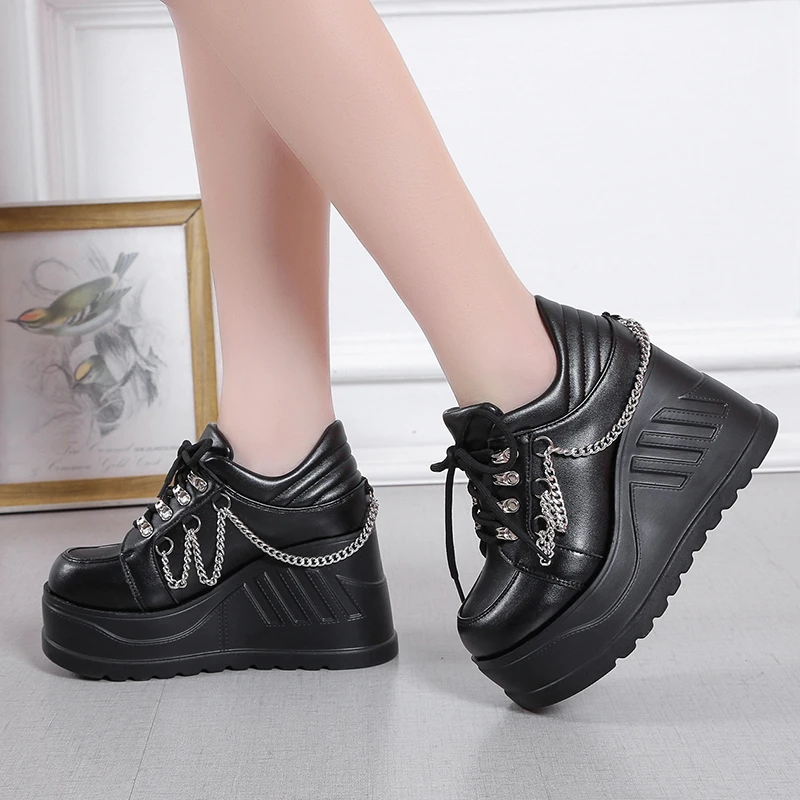 2023 New Size 42 Black Lace Up Buckle Wedges Platform Women's Sneakers Thick Bottom Fashion Gothic Punk Shoes