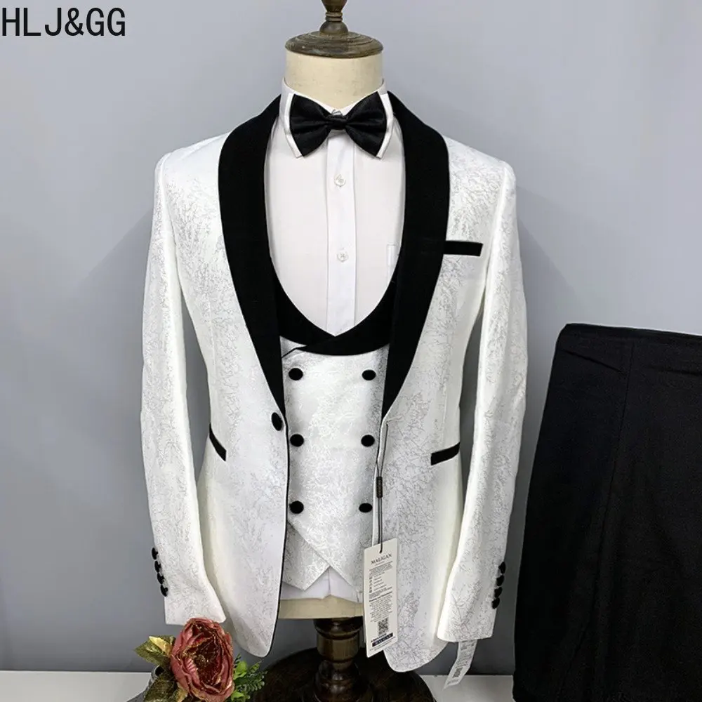 

HLJ&GG High-end Formal Slim Fit Suits 3 Piece For Men Fashion Groom Wedding Suit Tuxedo Prom Blazer Vest Pants 3 Pcs 2023 New