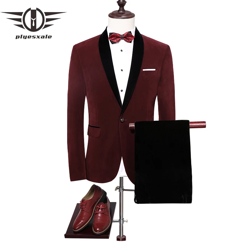 

Мужской бархатный костюм Plyesxale 2022, облегающие свадебные костюмы для мужчин, высококачественный Королевский синий бордовый смокинг, куртка Q258
