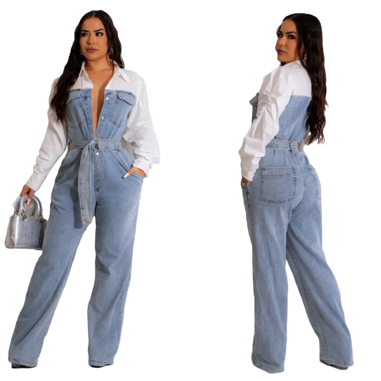 European and American fashion casual denim patchwork loose women's jumpsuit with belt
