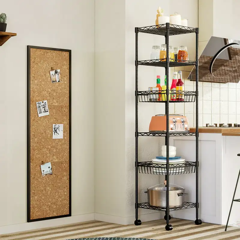 

Tier Shelving Unit with 4 Shelves 2 Basket, Metal Storage Rack for Small Space for Kitchen Laundry, Black