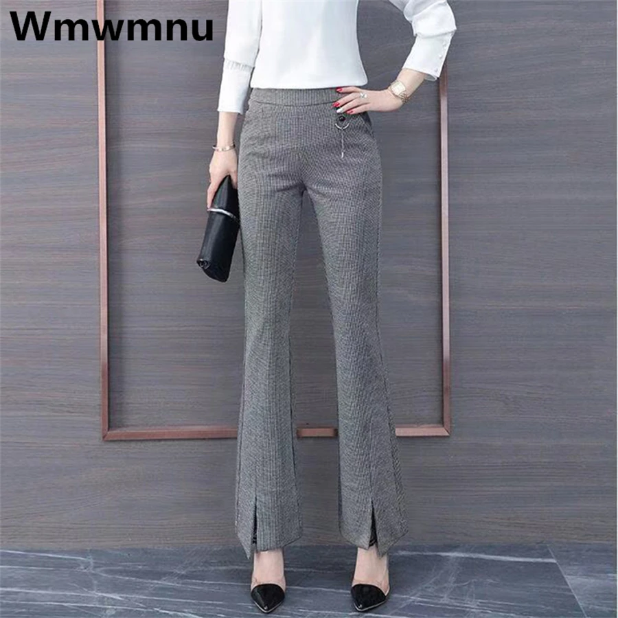 

Houndstooth Korean Casual Split Flare Capris Pants Oversize 4xl High Waist Elegant Spring Trousers Formal Slim Woman Pantalones