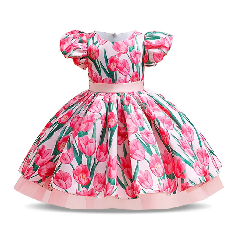 

Элегантное розовое бальное платье с цветочным принтом для девочек, детская одежда принцессы на день рождения для малышей, свадебные танцев...