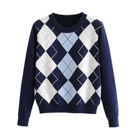 2022 sweater women pullover new fashion diamond shaped lattice cute british england style tops geometric knitted simplee