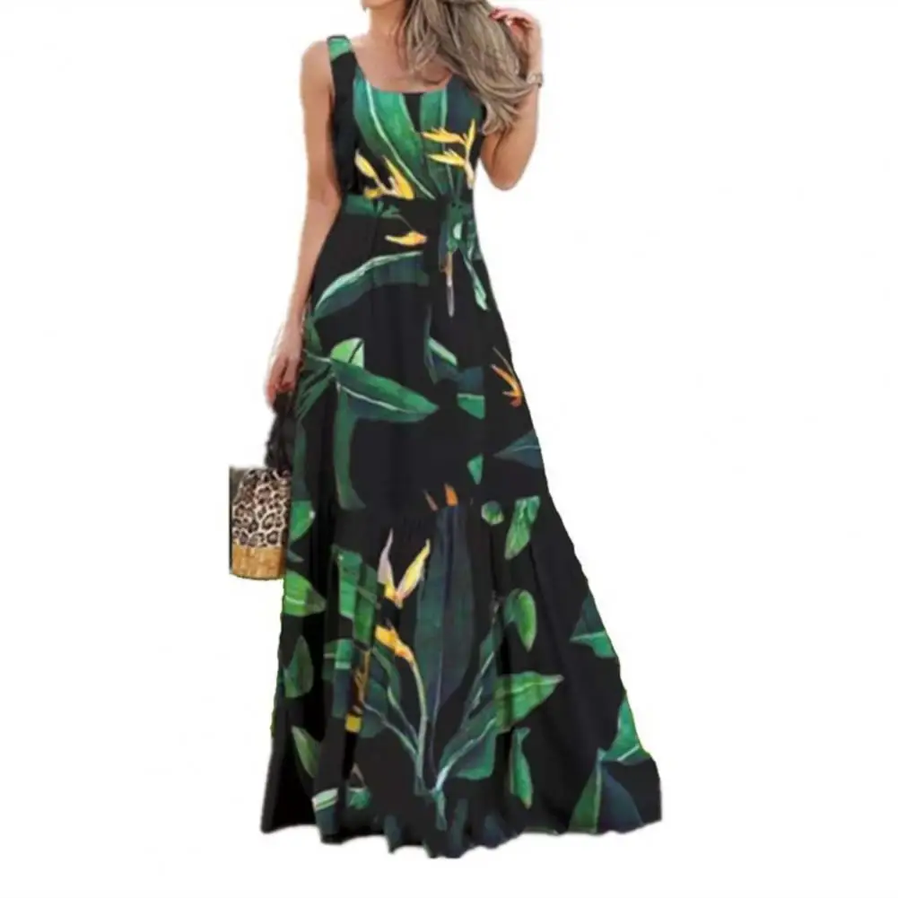 

Dress Women Sexy O-Neck Removal Belt Ruffled Large Hem Bohemia Dress Green Leaves Print Sleeveless Women Maxi Dress Sundress