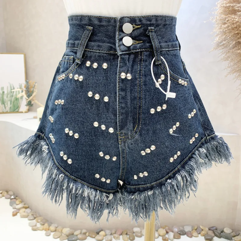 

New Women's Clothing 2022 Summer High waist sexy rivet frosted tassel denim shorts thin and versatile wide leg hot pants