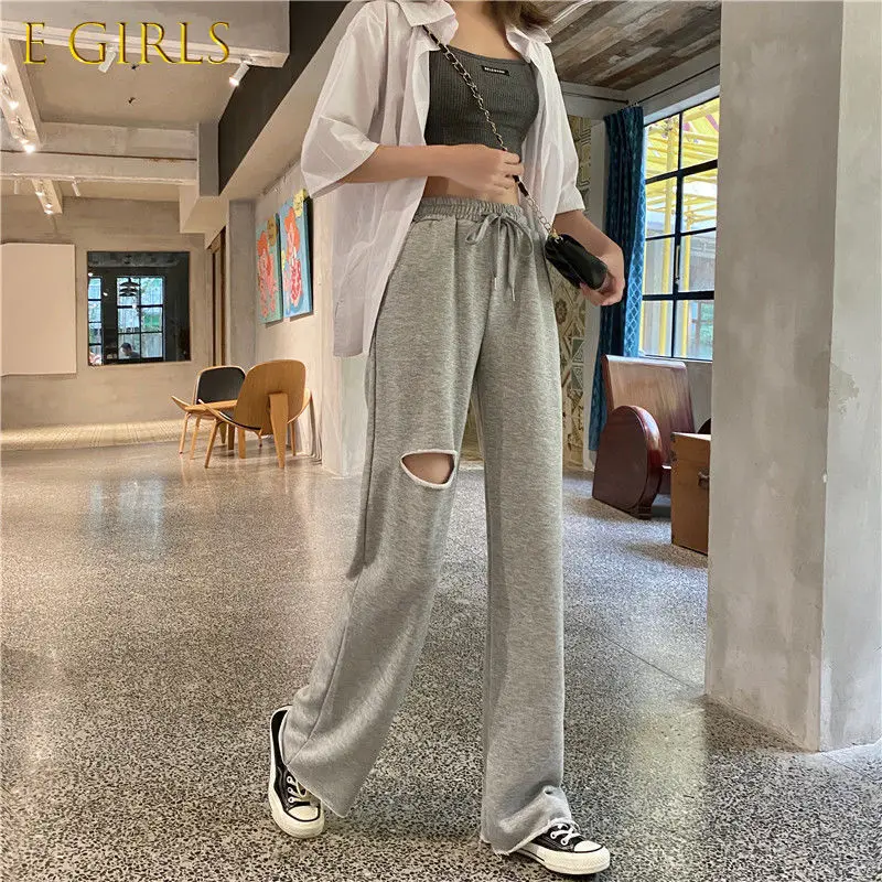 Casual Pants Women Hole Simple Loose Street BF Style Solid Drawstring Lady High Waist Unisex Gray Summer Couple Wide Leg Trouser