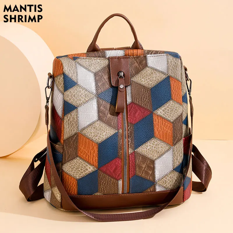 

Women Bag New Fashion Backpack Travel Pack School PU Leather Business Bags Multi-function Backpack Large Capacity Bag Patchwork